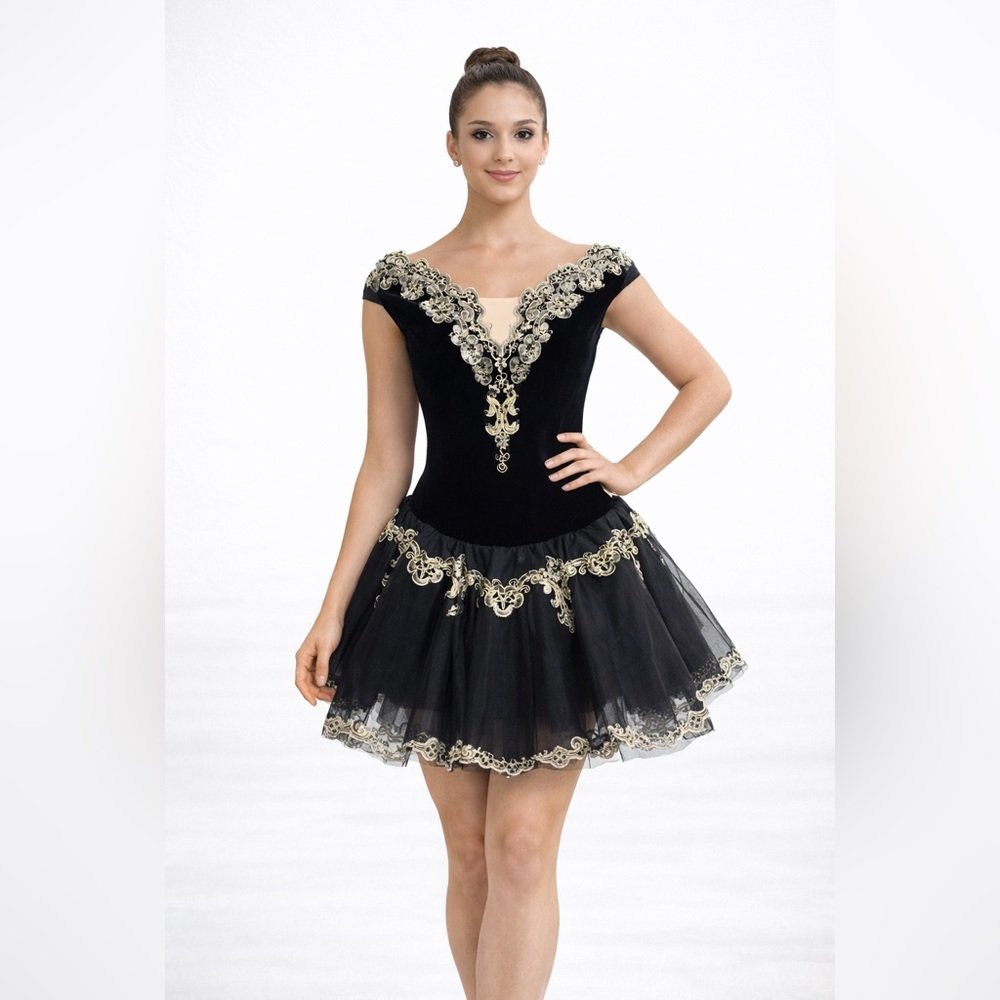Black & Gold Dance Costume | Lace Bodysuit w/ Tulle Skirt